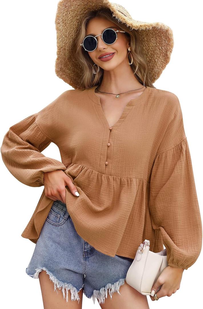 KOJOOIN Babydoll Tops for Women Plus Size T Shirts Peplum V Neck Ruffle Tunic Cute Fall Ladies Tops and Blouses, L Brown