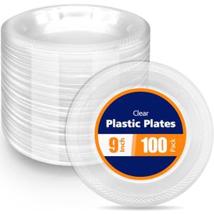 100 Count Clear Plastic Plates 9 Inch,Washable & ReusableDessert Plates Disposable,Cake Plates Disposable,Clear Plates For Party,Weddings and Events