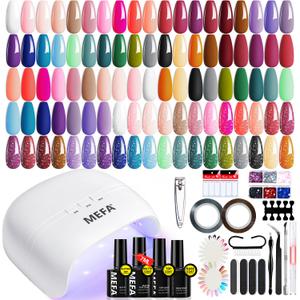 MEFA 60 Pcs Gel Nail Polish Kit with U V Light, 32 Colors Classic Popular Nail Kit Soak Off Nail Polish Gel Set with Base Matte/Glossy Top Coat Nail Art Decorations Manicure Tools DIY Gifts (1-A Gladiolus All Seasons)