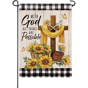 Artofy With God All Things Are Possible Small Decorative Garden Flag, Religious Christian Cross Sunflower Spring Summer Yard Lawn Outside Decor, Farmhouse Fall Plaid Outdoor Home Decoration 12 x 18