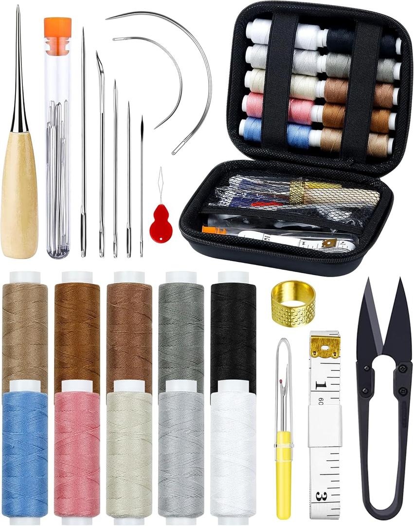 PLANTIONAL Upholstery Repair Sewing Kit: 47 Pieces Heavy Duty Sewing Kit with Sewing Awl, Seam Ripper, Leather Hand Sewing Stitching Needles, Sewing Thread for Car, Sofa, Backpack, Shoe, Craft DIY