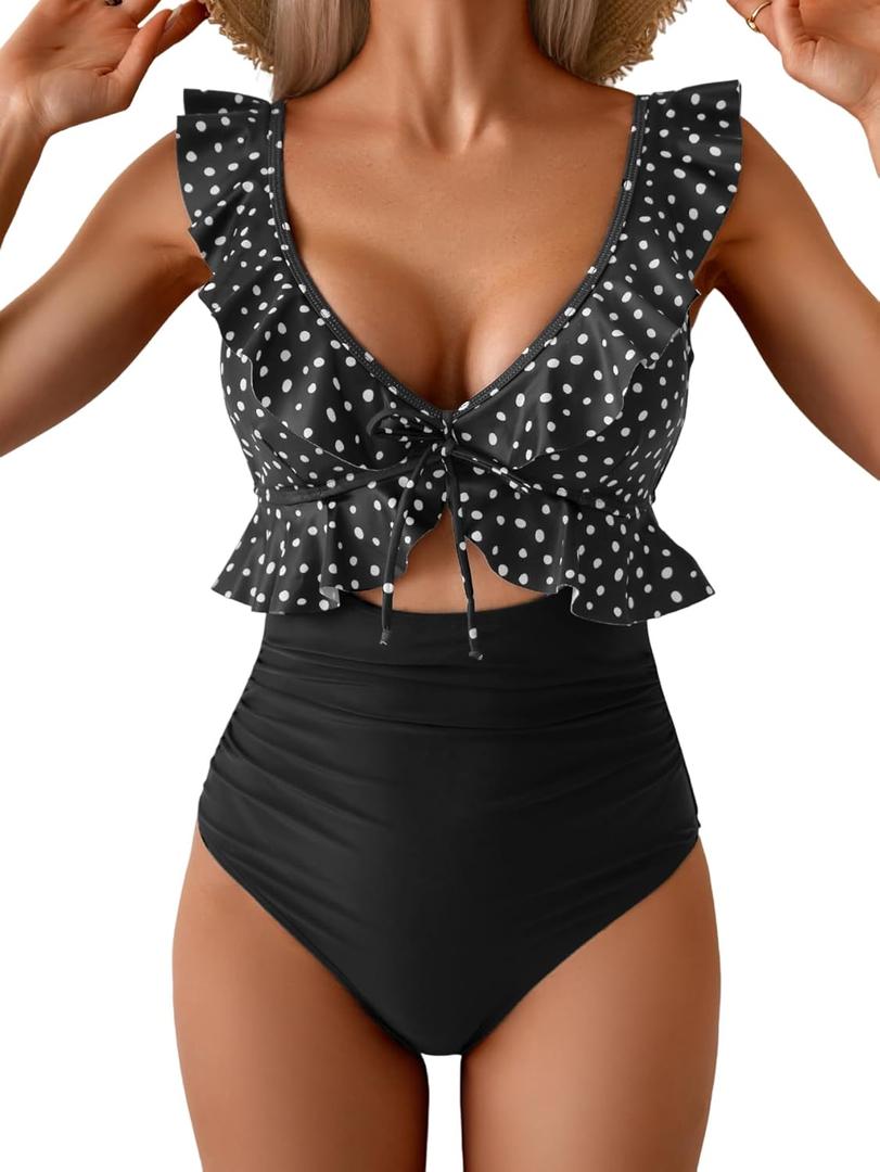 Eomenie One Piece Swimsuit for Women Tummy Control Ruffle Bathing Suit V Neck Ruched Swim Suit Slimming Cutout Swimwear M