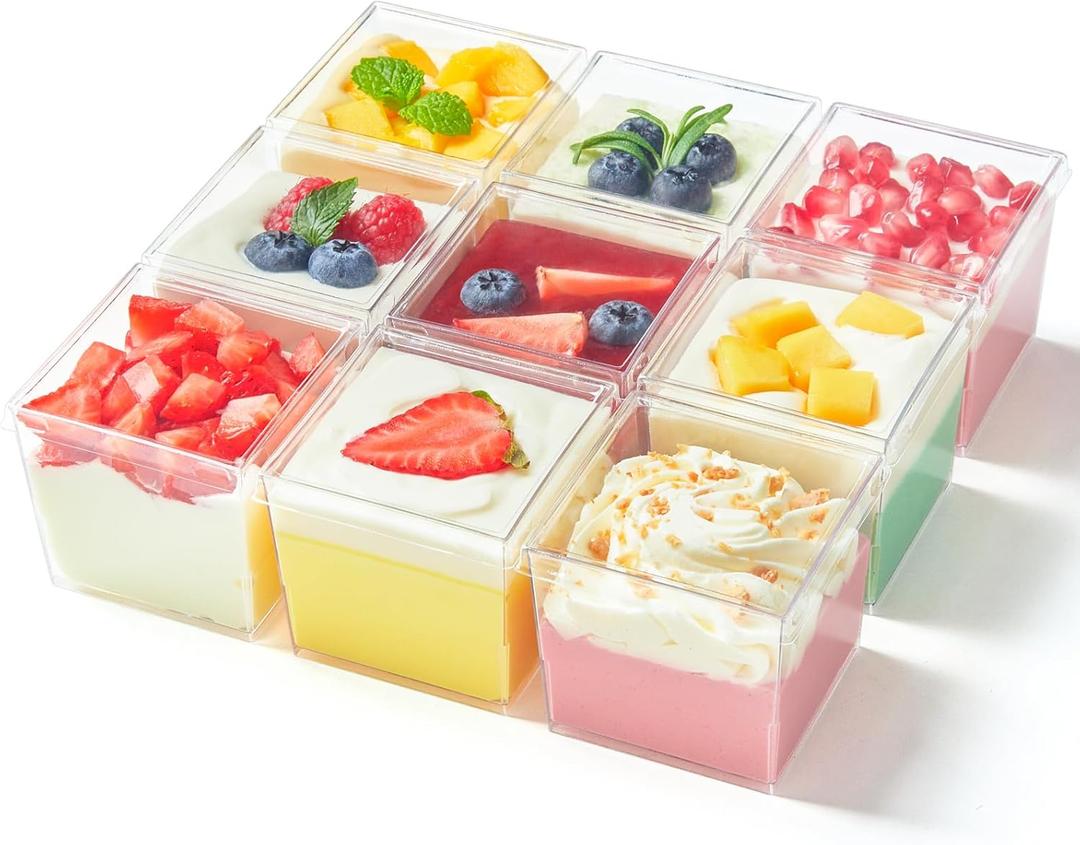 Qeirudu 5 oz Square Dessert Cups with Lids and Spoons, 50 Pack Mini Plastic Dessert Cups Small Serving Cups for Pudding Mousse Yogurt Parfait Appetizers Fruit