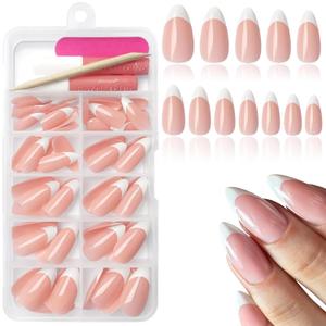120Pcs White French Tip Press on Nails Almond Shape Fake Nails, Full Cover Glossy Nude False Nails Acrylic Glue on Nail with 5 Sheets Adhesive Tabs for Women Girls Finger Design