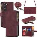 ICoverCase for Samsung Galaxy S23 Wallet Case with Card Holder, Kickstand Feature PU Leather Case with Adjustable Crossbody Lanyard Magnetic Clasp Zipper Pocket Flip Cover (Claret)