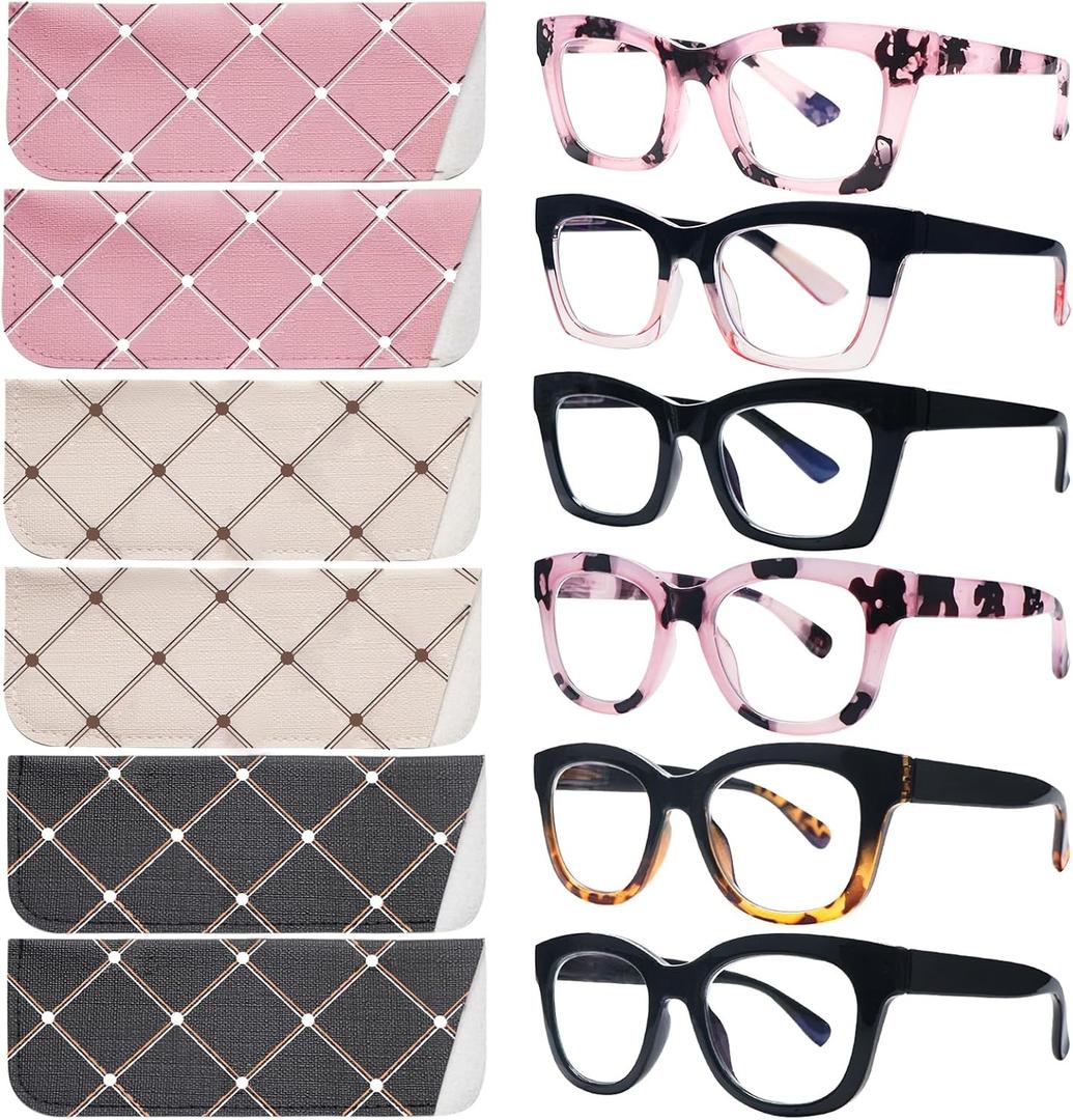 SIGVAN 6 Pack Oprah Style Reading Glasses Blue Light Blocking Square Computer Spring Hinge Readers for Women Men (6 Mix-5)