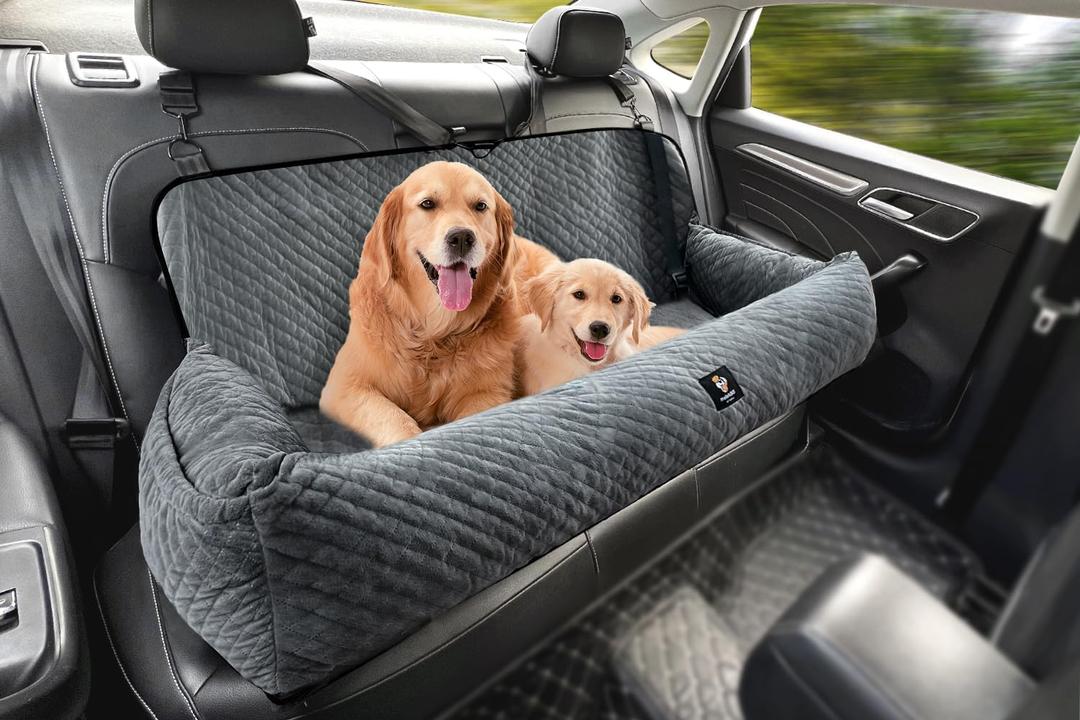 Large Dog Car Seat Under 100LBS, Dog Car Bed with Safety Tethers/ Storage Pocket, Only for Back Seat-Gray