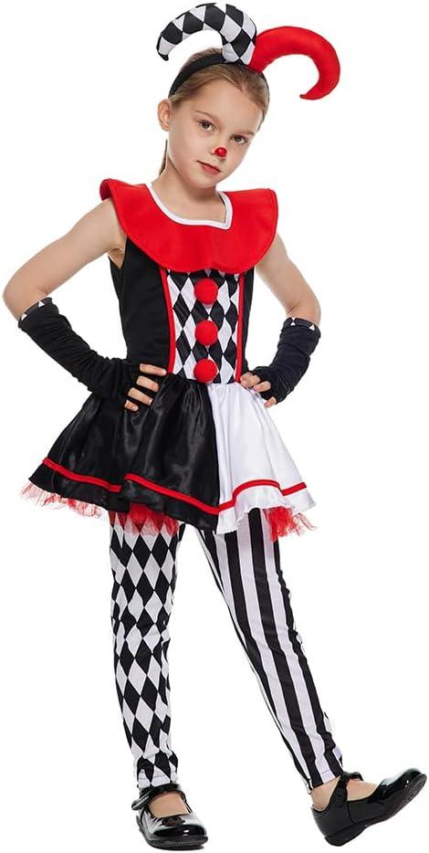 EraSpooky Girls Killer Clown Costume Set Halloween Kids Wicked Jester Dress, XL (Dress, Hat)
