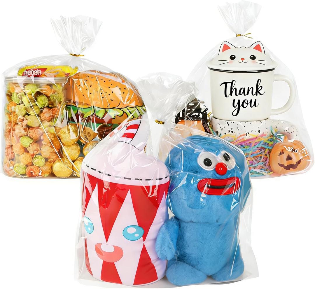 SUREHOME Cellophane Bags Clear Treat Bags with Ties 50 Pcs 9"x12" x3.15" Flat Bottom Gusset Gift Wrappers Can Stand Up Cello Goodie Bag for Birthday Party Favors Candy Snack Mugs Gift Giving Packaging