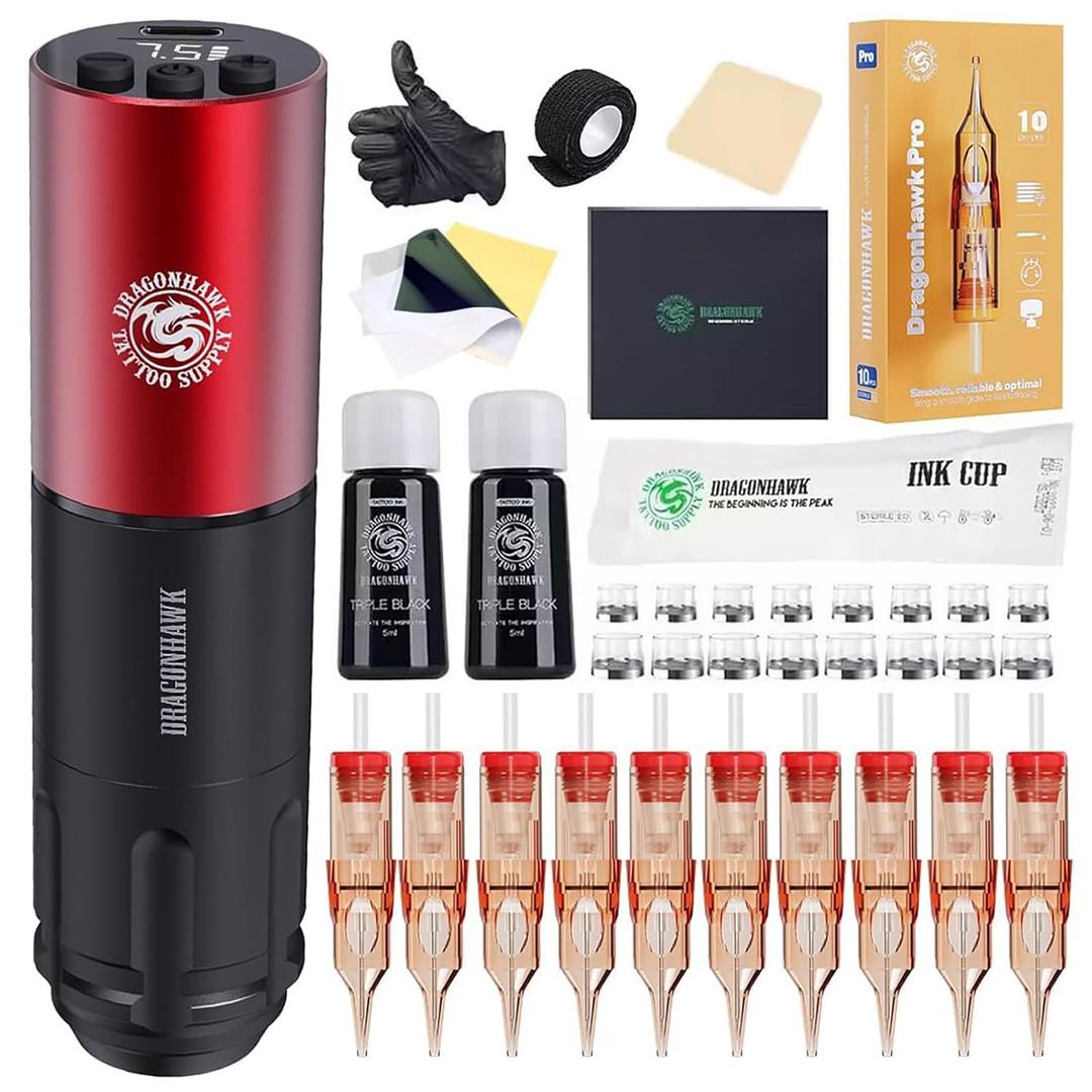 Dragonhawk A1 Beginner Tattoo Kit Wireless Complete Pro Tattoo Gun Pen Machine Kit, Cartridges Tattoo Machine Needles Red Color