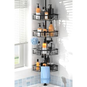 4-Tier Rustproof Corner Shower Caddy with Tension Pole - 42-115 Inch Adjustable Height, Shower Shelves with Hooks, Freestanding Bathroom Organizer - Black