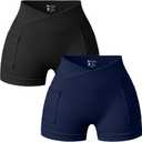 OQQ Women's High Waist Yoga Shorts Mini Shorts with Pockets 2-Pack Athletic Workout Shorts (Large, Black Navyblue)