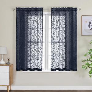 OWENIE Furman Sheer Curtains 54 Inch Length 2 Panels Set for Living Room Bedroom, Airy Jacquard Clip Short Curtains for Small Window, Rod Pocket Bathroom Window Curtain Each 42W inch 54L, Navy Blue