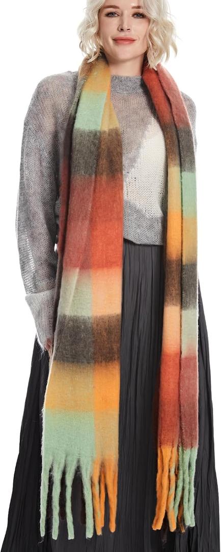 MissShorthair Oversized Chunky Blanket Scarf for Women Winter Warm Colorful Big Scarfs Plaid Thick Scarves Soft Fluffy Shawl (Red-multicoloured)