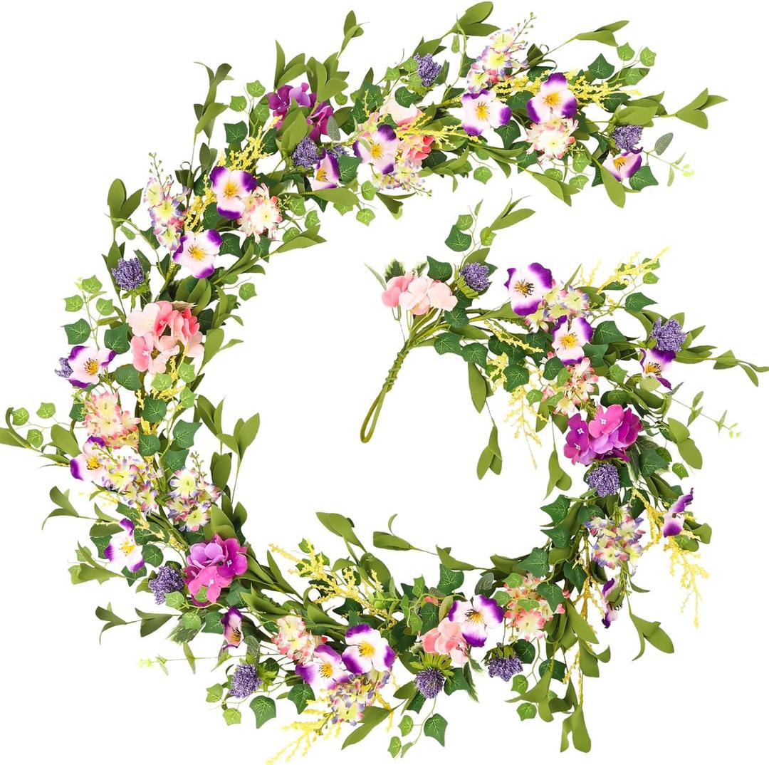 HOHOTIME Pansy Flower Garland, 6FT Artificial Spring Floral Vines with Lavender EucalyptuHydrangea for Mantle Wedding Porch Staircase Indoor Decor, Fake Wildflower Easter Home Decoration