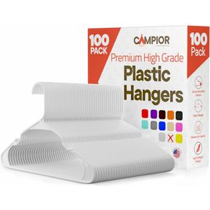 White Plastic Hangers 100 Pack Heavy-Duty Plastic Hangers Slim and Space-Saving, Durable and Lightweight PP with Non-Slip Shoulder Notches for Slip Dresses, Suits, Jackets & Camisoles
