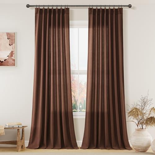 Aersas Rustic Brown Pinch Pleated Linen Curtains 108 Inch Length 2 Panels for Living Room Bedroom Semi Sheer Window Curtain Boho Neutral Back Tab Pinch Pleat Drape with Hooks 40x108