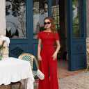 XXTAXN Women's Caual Fashion Crew Neck Short Sleeve Ruched Waist Backless Tie Wide Leg Long Pant One Piece Jumpsuit (Red, L)