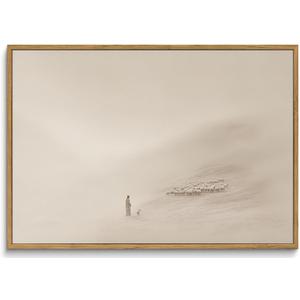 Jesus Leaves the 99 Sheep Wall Art, Modern Christian Canvas Decor Framed, 16"x24" Natural