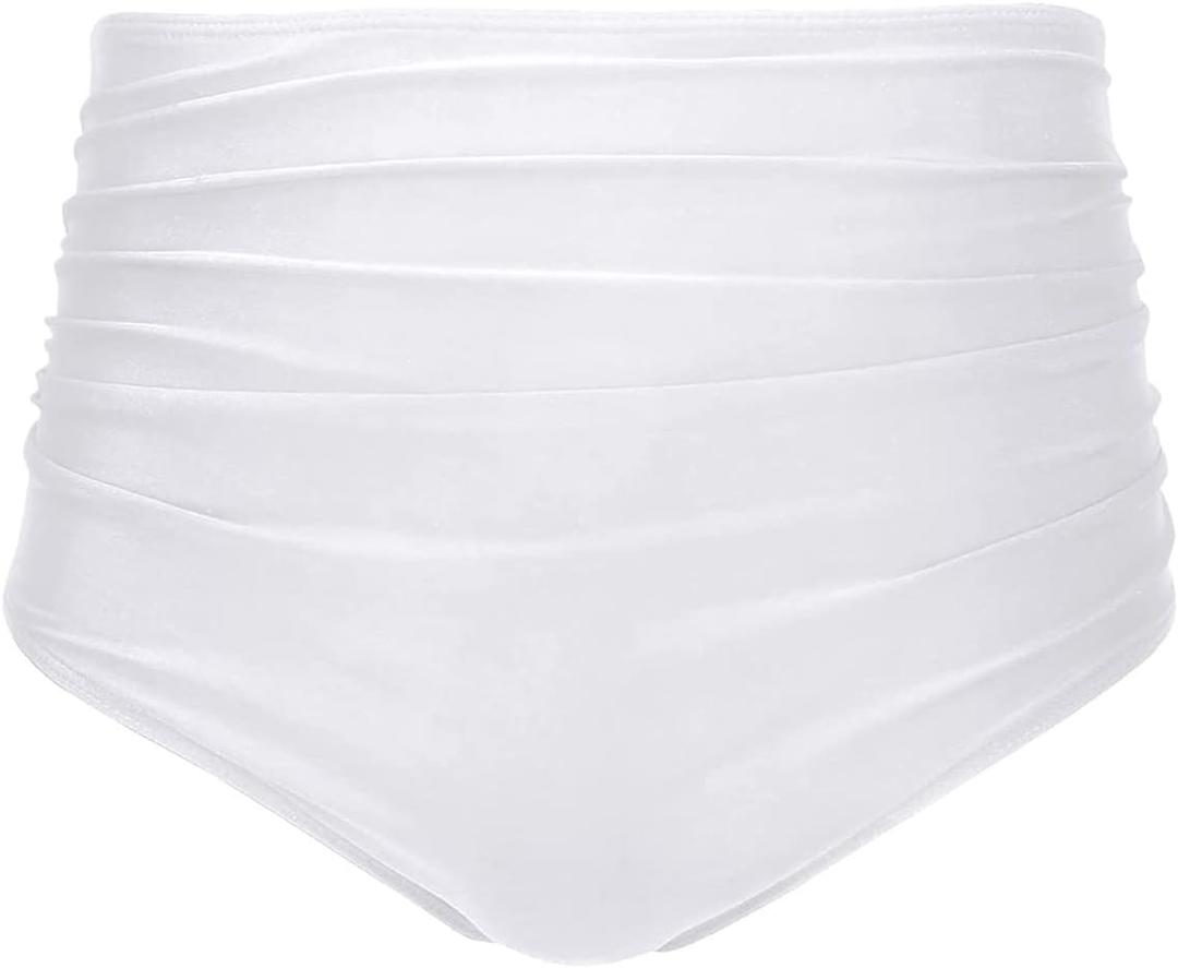 Tempt Me Women High Waisted Bikini Bottom Retro Ruched Swim Bottom Shirred Tankinis Brief (Small, White)
