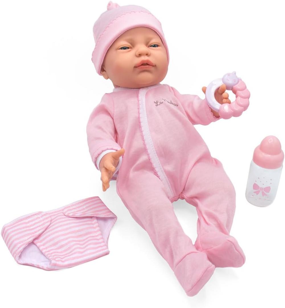JC Toys 17" Realistic Newborn Baby Doll  Made in Spain, Soft Vinyl Body with Accessories, Dressed in Pink