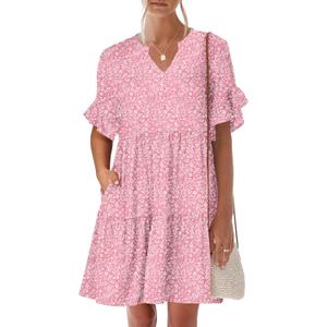 ANRABESS Women's Summer Casual Dress, V-Neck Ruffle Sleeve Tiered Mini Dress, Soft Comfy Fabric with Pockets for All-Day Wear (Pink, L)