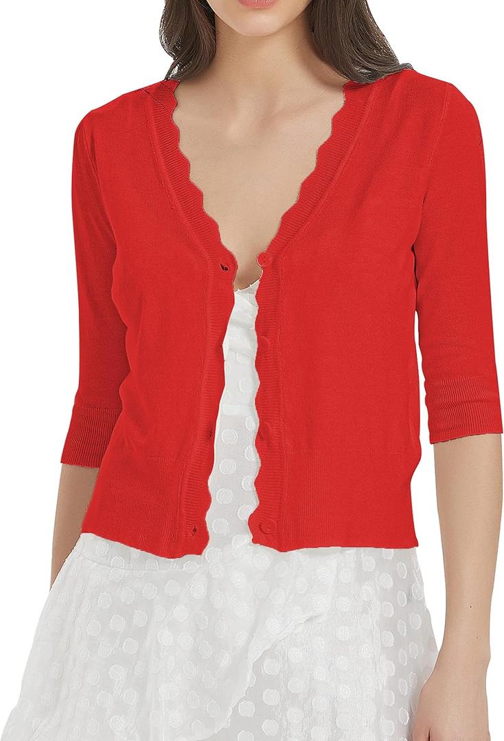 Women's Short Sleeve Cropped Cardigan Button Down Sweater Lightweight Knit Shrugs (Red, XL)