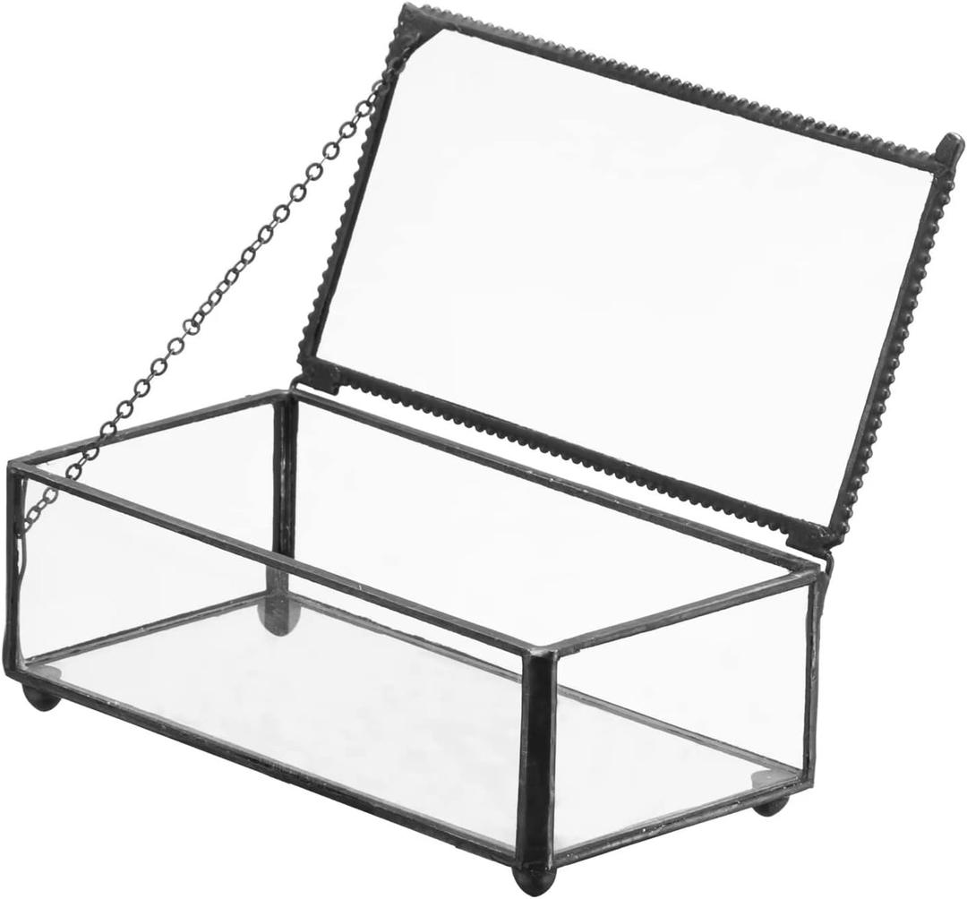 Vintage Glass Jewelry Box Keepsake Box with Hinged Lid, Great for Storage Trinket/Jewelry/Card/Photo, Black Decorative Box for Dresser-15612EX (Large)