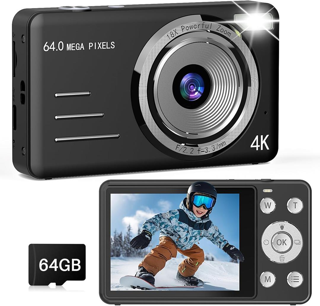 Digital Camera, 4K 64MP UHD Autofucos 18X Digital Zoom with 64GB Micro SD Card, Portable Compact Point and Shoot Camera for Photography Vlogging Teens Beginner Adult, Black