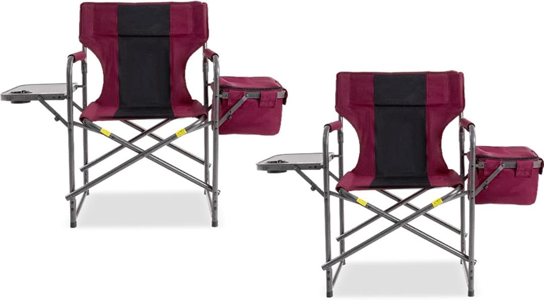 Director Camping Chair Set of 2 with Cooler Bag & Foldable Side Tray - 400lbs Heavy Duty Outdoor Folding Lawn Chair, Portable Camp Chair for Backyard, Fishing, Beach (Wine Red)