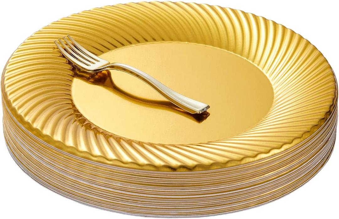 N9R 60pcs Gold Plastic Dessert Plates with Mini Forks, Include 30pcs Disposable Dessert Plates 7 inch, 30pcs Gold Appetizer Forks 3.94 inch, Premium and Comfortable for Wedding Birthday Party