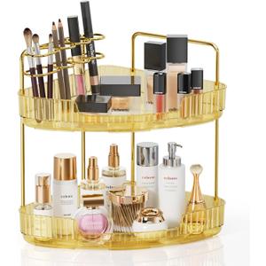 2-Tier Corner Bathroom Counter Organizer Makeup Cosmetic Storage, Tool-Free Installation Acrylic Vanity Shelf, Skin Care Organizer Perfume Tray for Countertop Bathroom, Dresser, Kitchen (Gold) (9" x 9" x 11.8")
