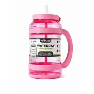 REDUCE WaterDay 80 oz Water Jug with Time/Ounce Markings - Spill-Proof Straw, Durable Tritan - Big Water Bottle for Daily Hydration - Dishwasher Safe, Clear & Easy to Clean, Pink