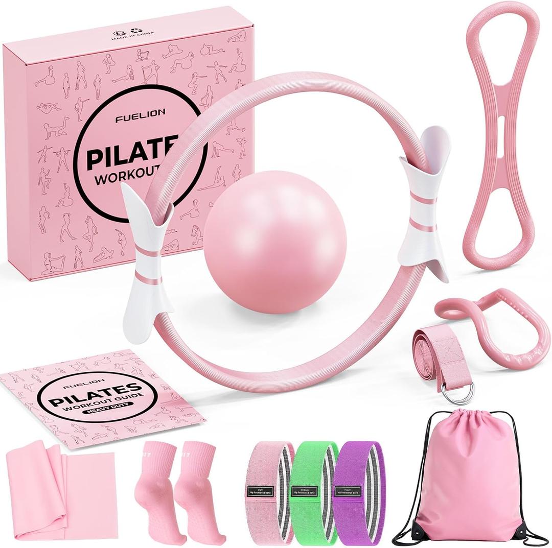 Pilates Ring Set for Women, Home Workout Pilates Equipment with Resistance Bands, 14'' Magic Circle, Mini Ball, Pilates Starter Kit for Strength, Toning and Flexibility (Medium-level2, Pink)