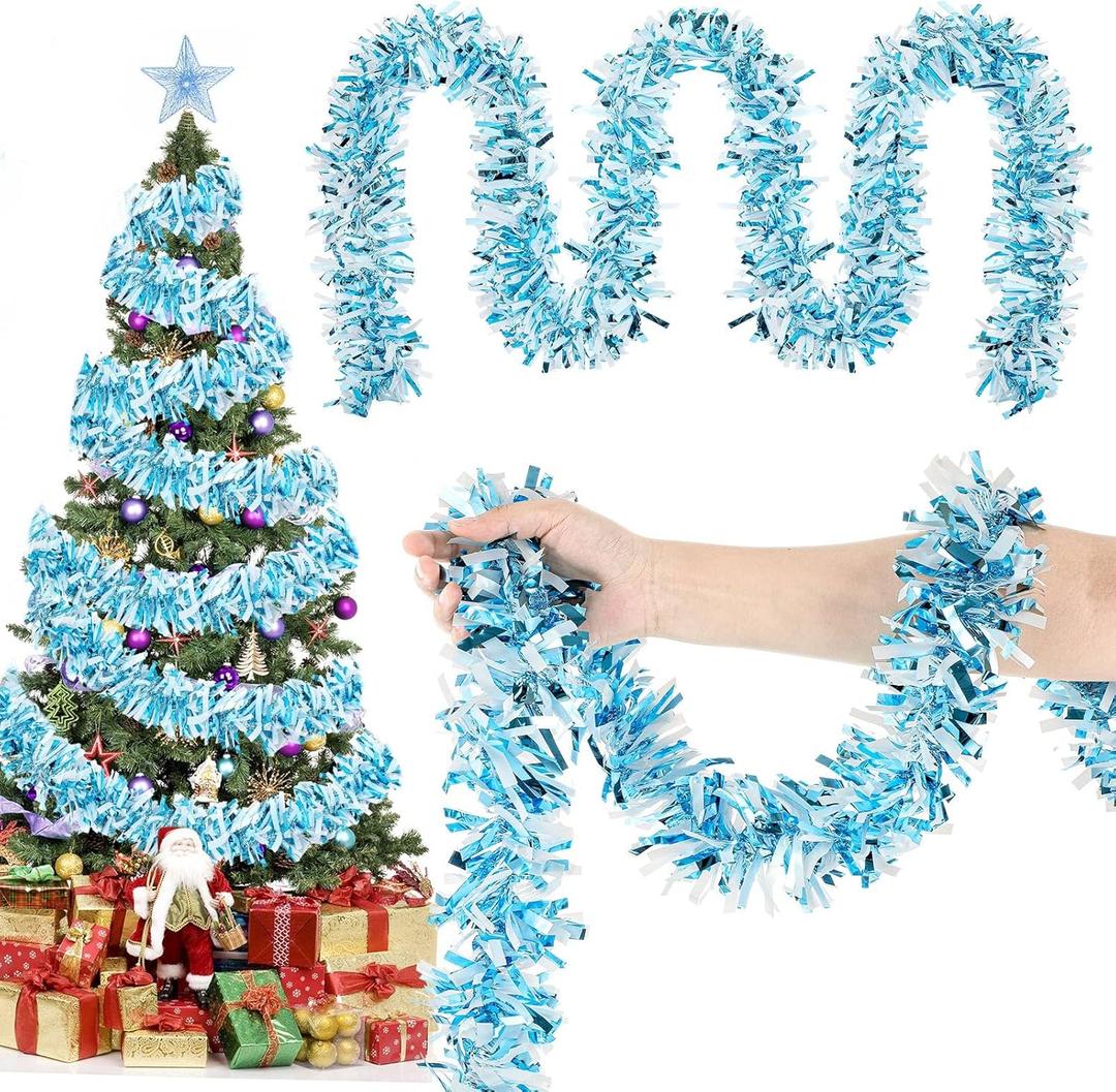 49.2 ft Christmas Tinsel Garland Blue and White Metallic Garland Light Blue Glittering Decoration for Valentine Birthday Wedding Party Easter Holiday Festivities Indoor Outdoor Home Supplies
