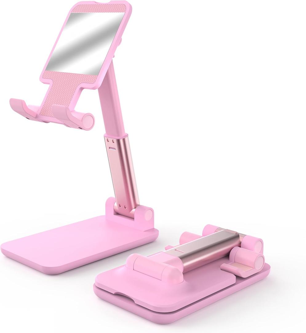 Cell Phone Stand, Adjustable Angle and Height Cell Phone Holder for Desk, Foldable and Portable, Anti-Slip Silicone Pad, Compatible with All Mobile Phones and 4-8 Inch Devices, Pink