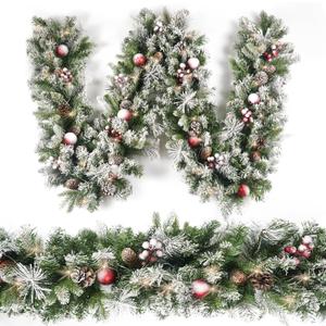 Christmas Garland Flocked 9ft with 50 Lights, Christmas Decor with Pine Cone Red Balls & Berries 50 Light Timer for Mantle Staircase Indoor and Outdoor
