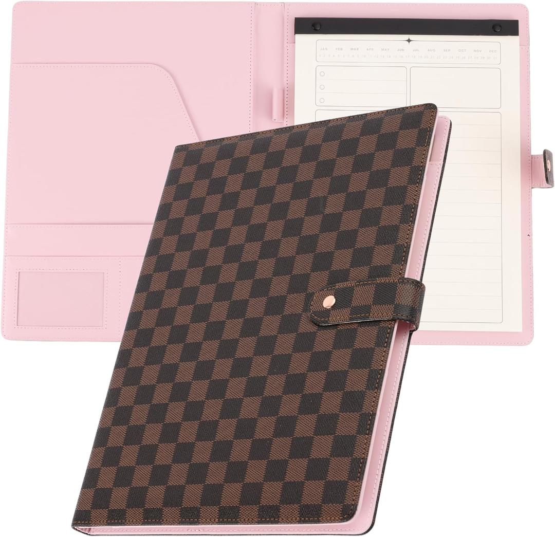 Checkered PU Leather Business Portfolio Binder Legal Notepad Holder for Women | A4 Legal Letter Size | Work Binder Folio Padfolio | Professional Document Resume Organizer Cover