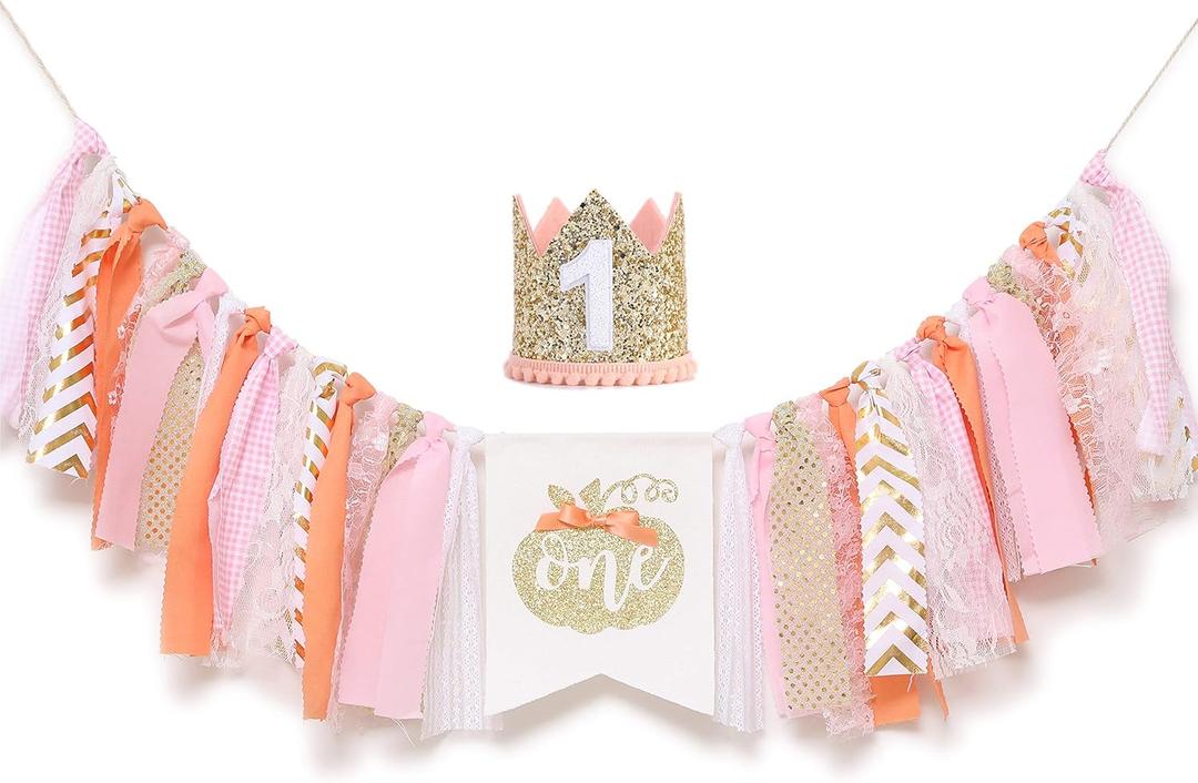 Pumpkin Banner for 1st Birthday - Highchair Banner for First Birthday Theme Decoration, Cake Smash Photo Prop, Pumpkin crown hat, Fabric Rag Garland Banner.