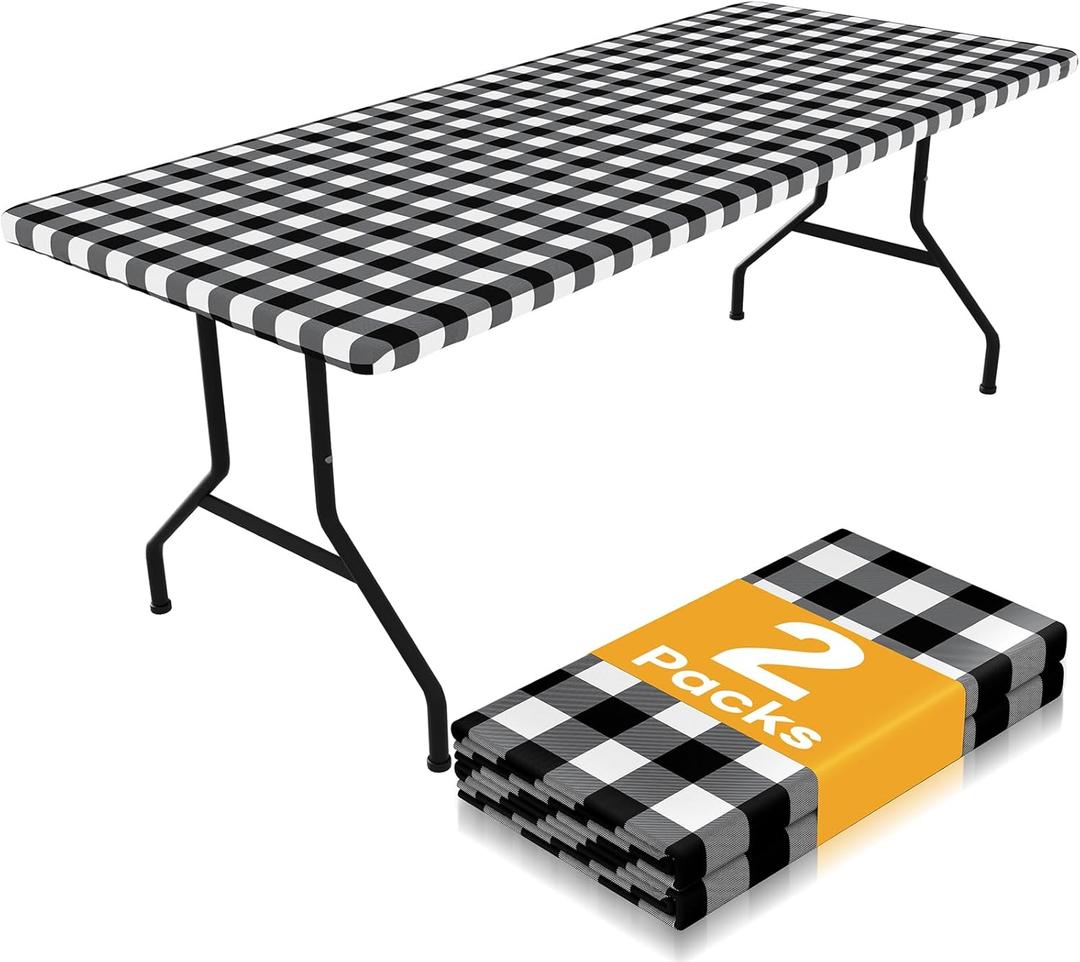 Smiry Picnic Table Cloth 2 Pack, Waterproof Elastic Fitted Tablecloths for 6FT Rectangle Tables, Washable Polyester Buffalo Plaid Tablecloth for Camping, Dining & Outdoor (Black & White, 30" x 72")