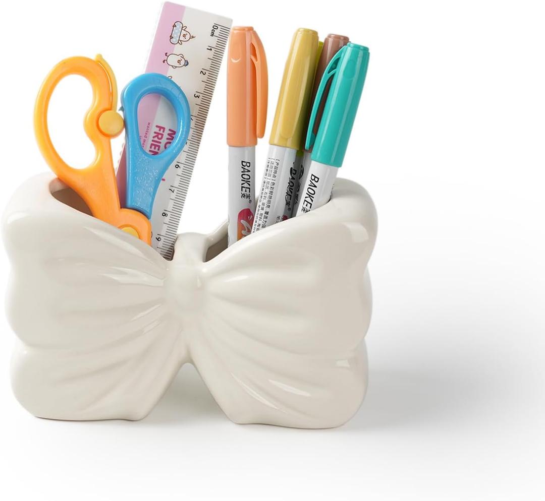 Bow Pencil Holder, Ceramic Pen Holder, Cute Pen Holder for Desk,Stand Makeup Brush Holder, for School, Home, Office Desk Decor (White)