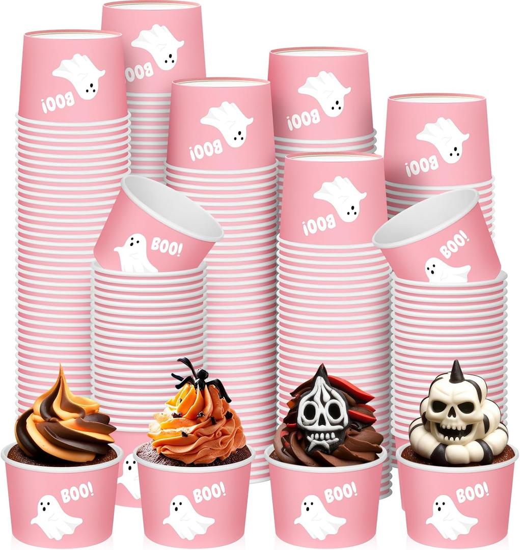 CHENGU 180 Pcs Halloween Snack Cups 9 oz Disposable Ghost Paper Ice Cream Bowls Decorative Spooky Boo Dessert Treat Bowls for Yogurt Soup Hot or Cold Food Halloween Party Supplies (Novel Ghost)