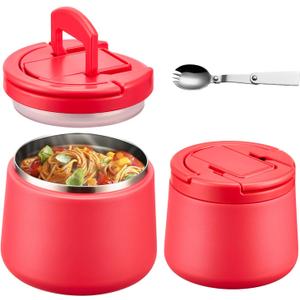 14oz Insulated Vacuum Food Jar with Buckle Lid,Soup Thermo for Hot Food Kids,Wide Mouth Leakproof Stainless Steel Lunch Container with Spoon-Red