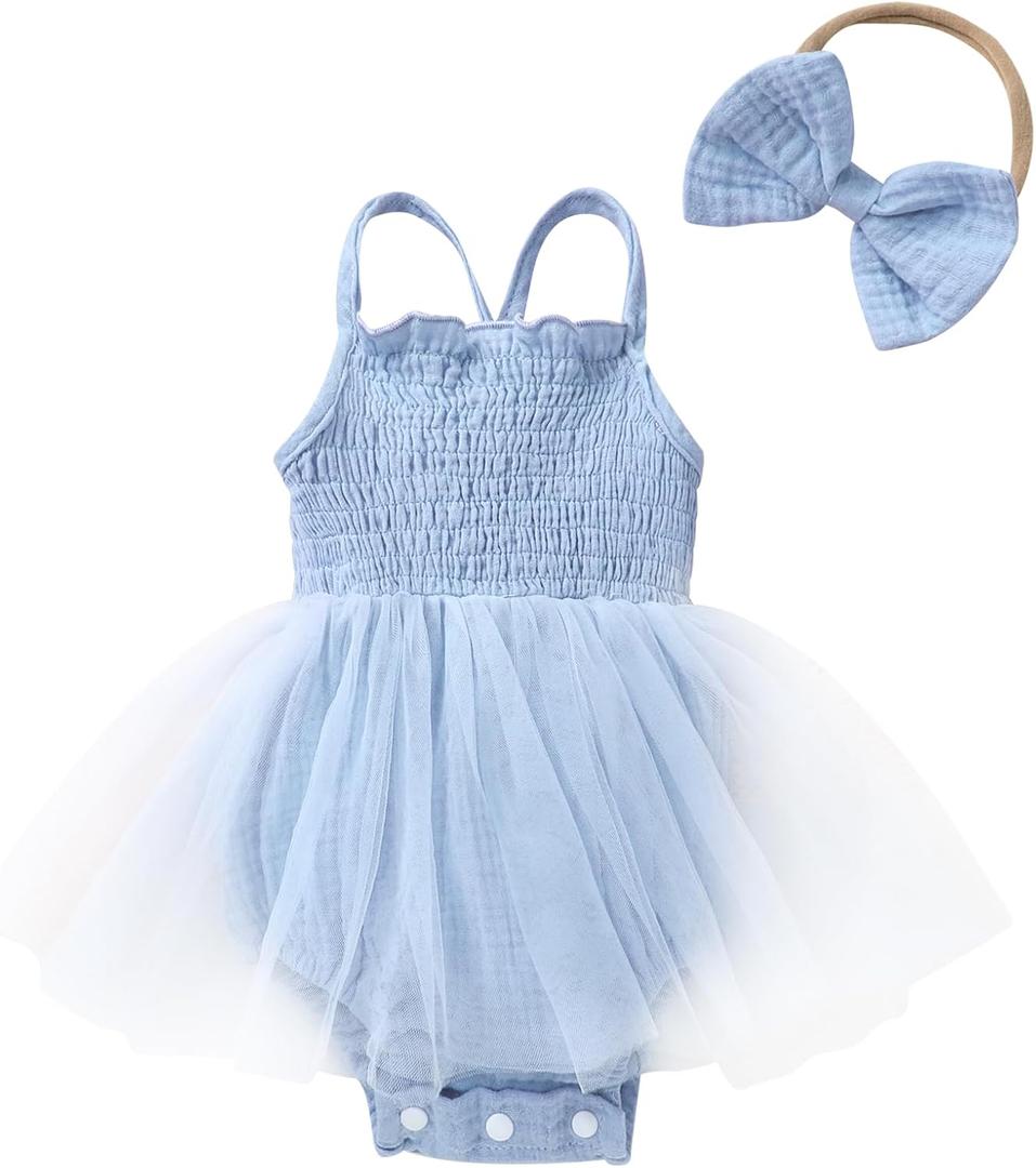 CBHAIBLYD Infant Baby Girl Summer Romper Dress Sleeveless Strap Mesh Tutu Skirt Backless Bodysuit with Headband(Blue, 6-9M)