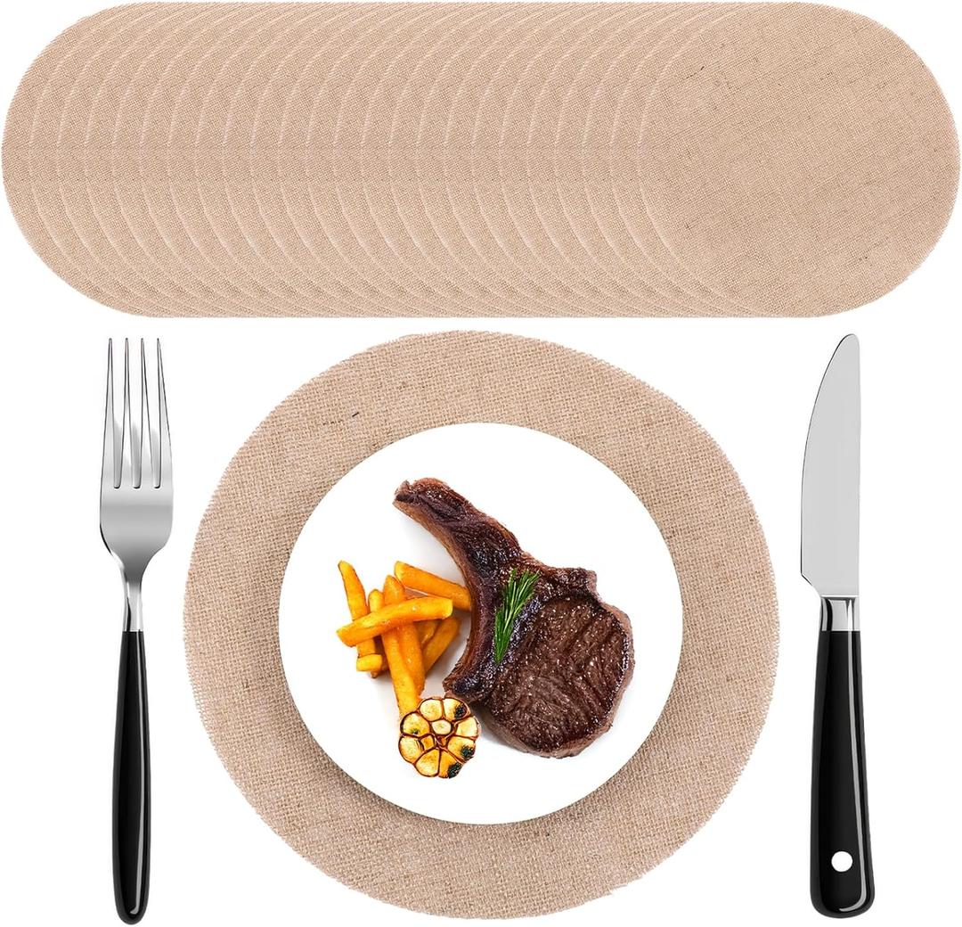24 Pack Round Burlap Placemats Bulk, 11.8 Jute Rustic Table Placemats Bulk for Charger Plates, Burlap Circle Tables Mats for Dining Table, Brown Charger Place Mat for Wedding Dinner Holiday Farmhouse