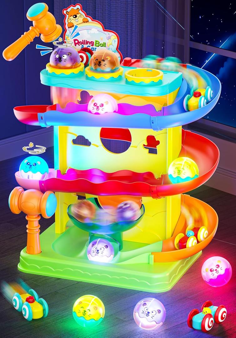 Funwee 2-in-1 Rolling Ball & Racing Car Ramp Toy for Toddlers, Race Track Hammer Lights Ball Drop, Interactive Montessori Learning Game for Kids 1-5+ Year Old Girl Boy Gift (Yellow)