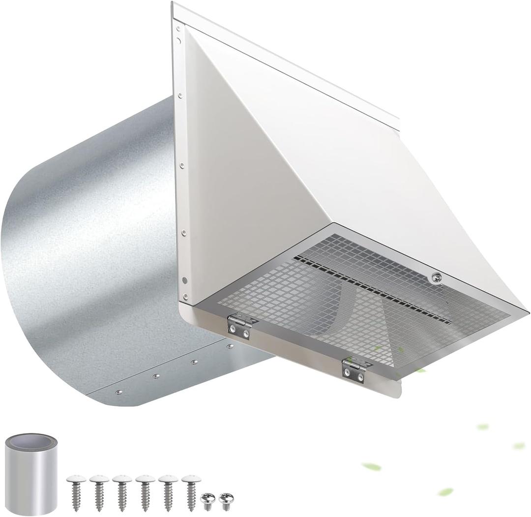 8 Inch Hooded Wall Vent with Screen and Damper,Outdoor Wall Exhaust Vent Cover Cap for Kitchen Range Hood Dryer Duct Ventilation &Exterior Air Exhaust Applications,Galvanized Steel,White