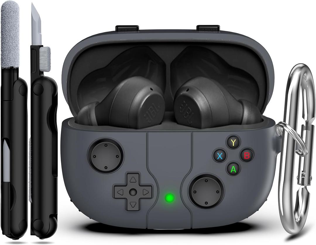 RFUNGUANGO Compatible with JBL Vibe 200TWS/JBL Vibe Beam Protective Case, Soft Silicone Game Console Theme Protective Case with Cleaning Kit, with Carabiner,Dark Grey