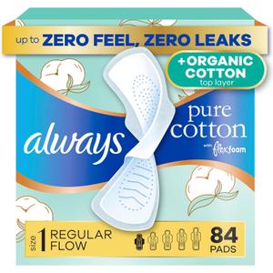 Always Pure Cotton, organic cotton top layer pads for women with wings, feminine care, period, menstrual, sanitary, postpartum, toallas sanitarias para mujer, Size 1 Regular Absorbency, Unscented 84ct