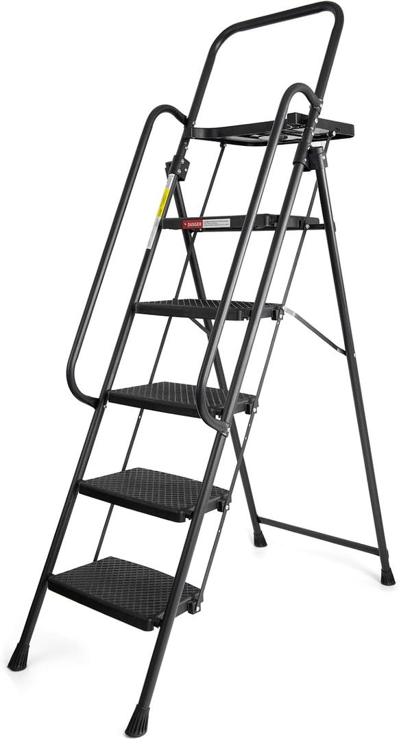 5 Step Ladder, Folding Step Stool with Handle,Tool Platform and Anti-Slip Pedal, Steel Ladder,Lightweight, Perfect for Home and Kitchen, Black